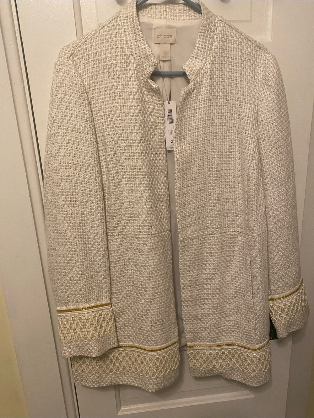 Chico's Cream Tweed Collarless Jacket with Gold Trim